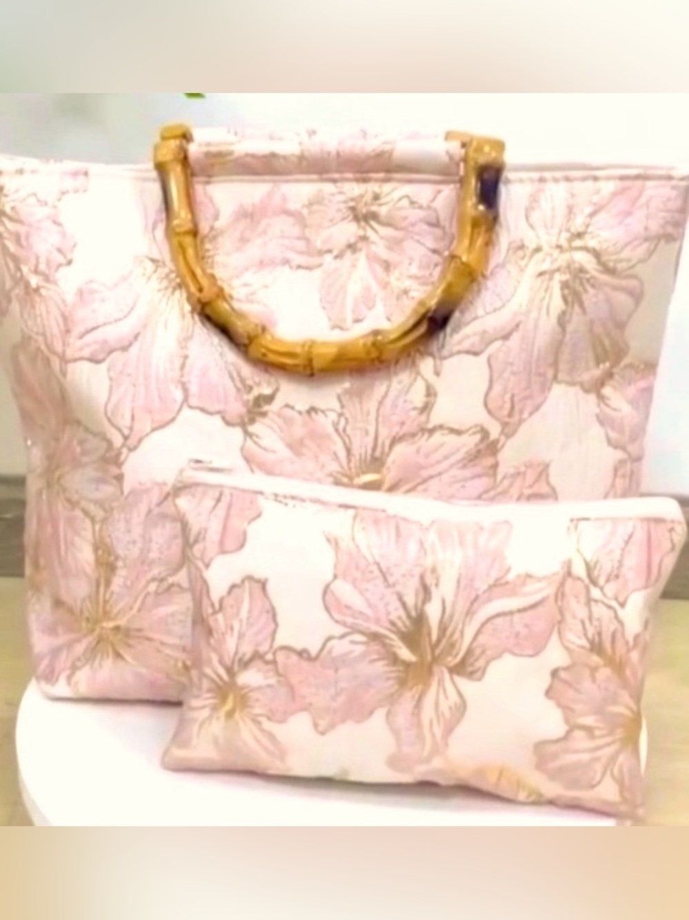 Floral Pink and Gold Tote Bag with Pouch